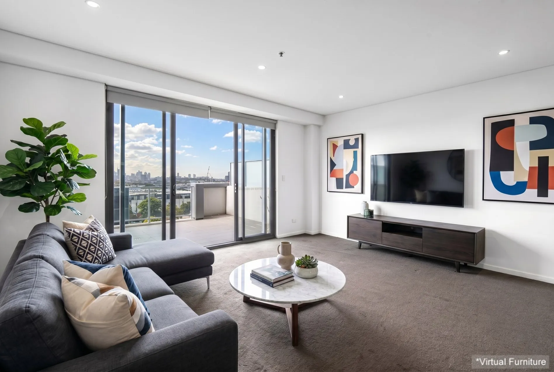 Mascot living room with virtual furniture and city view