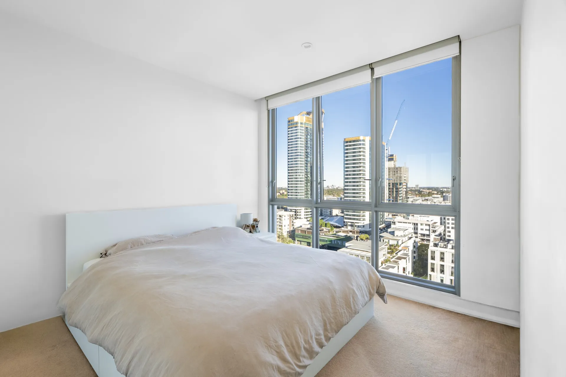 Rhodes apartment bedroom with skyline view